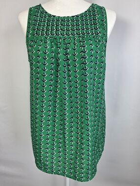 Kenar Green Anchor Print Sleeveless Blouse Pleated Yoke Keyhole Back Top M